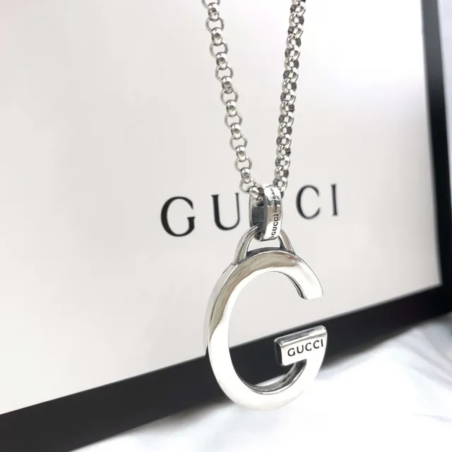 Gucci Interlocking G Silver Open Pendant Engraved Brand Plaque Necklace 2