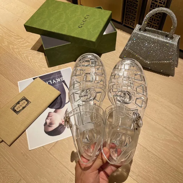 Gucci Sandálias Jelly Transparente Grid-Vamp Alça com Fivela Sandálias Casual 5