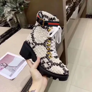 Gucci Le Cagole Tweed Web Strap Ankle Boots