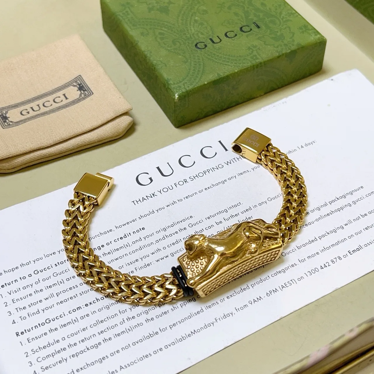 Gucci Lion Head Bracelet Gold Clasp Woven Franco Chain Bracelet 3