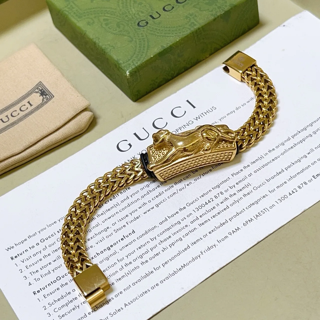 Gucci Lion Head Bracelet Gold Clasp Woven Franco Chain Bracelet 5
