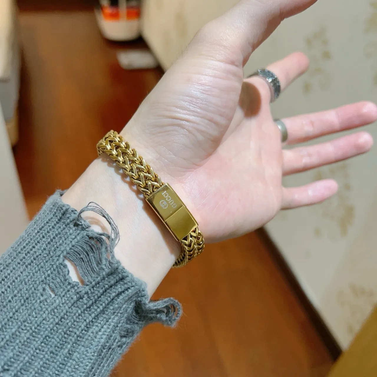 Gucci Lion Head Bracelet Gold Clasp Woven Franco Chain Bracelet 7