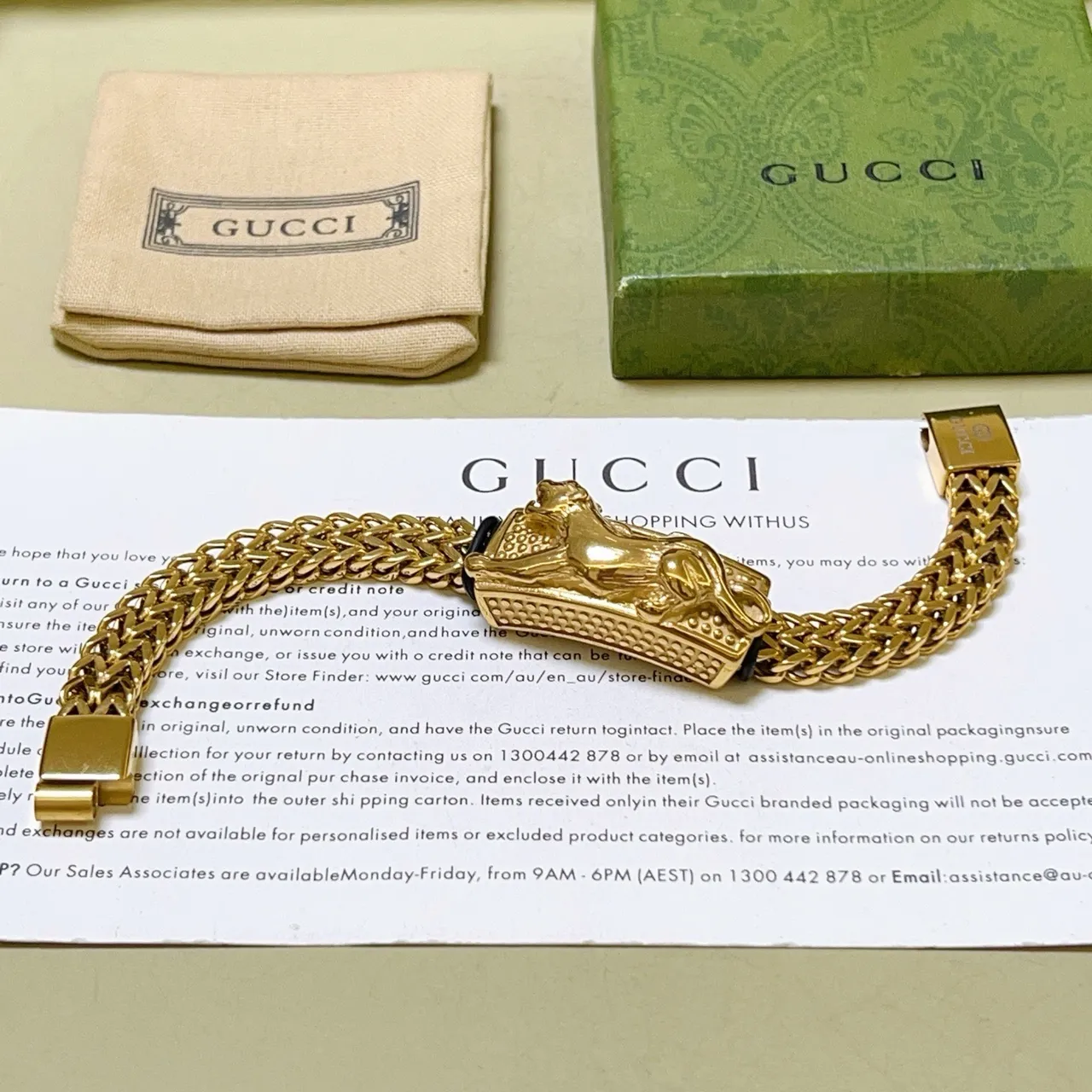 Gucci Lion Head Bracelet Gold Clasp Woven Franco Chain Bracelet 9