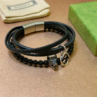 Gucci Multi-Layer Black Leather and Beaded Wolf Charm Bracelet