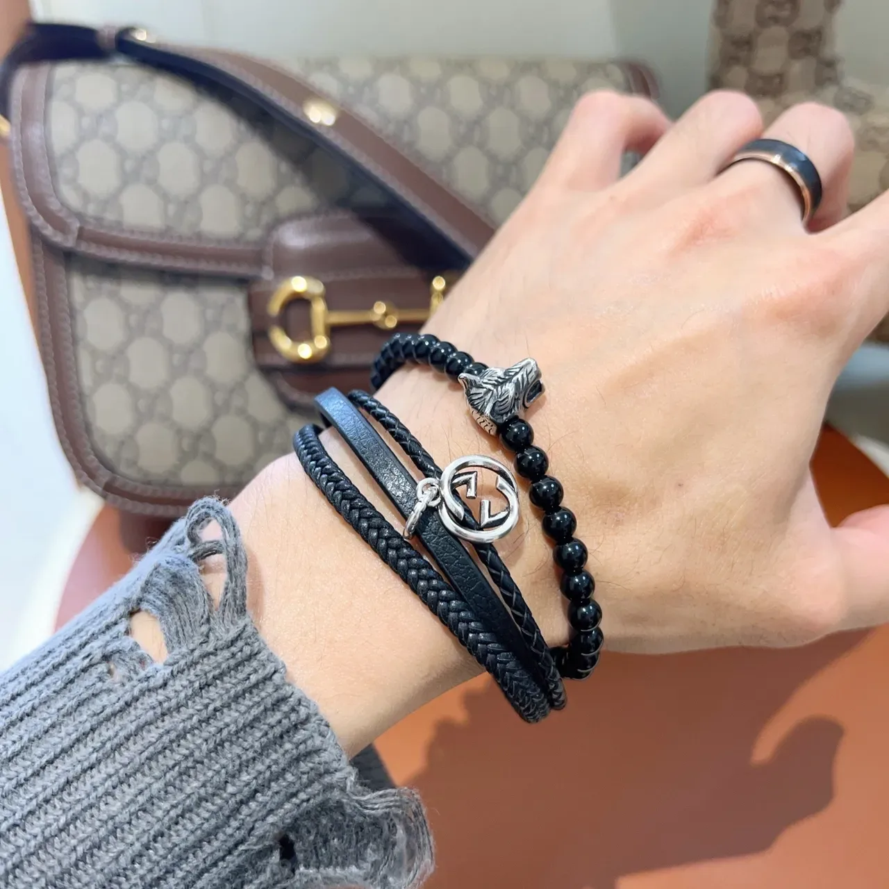 Gucci Multi-Layer Black Leather and Beaded Wolf Charm Bracelet 2