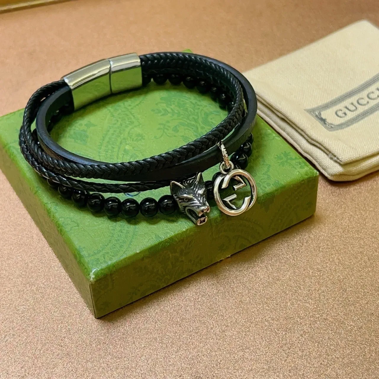Gucci Multi-Layer Black Leather and Beaded Wolf Charm Bracelet 3
