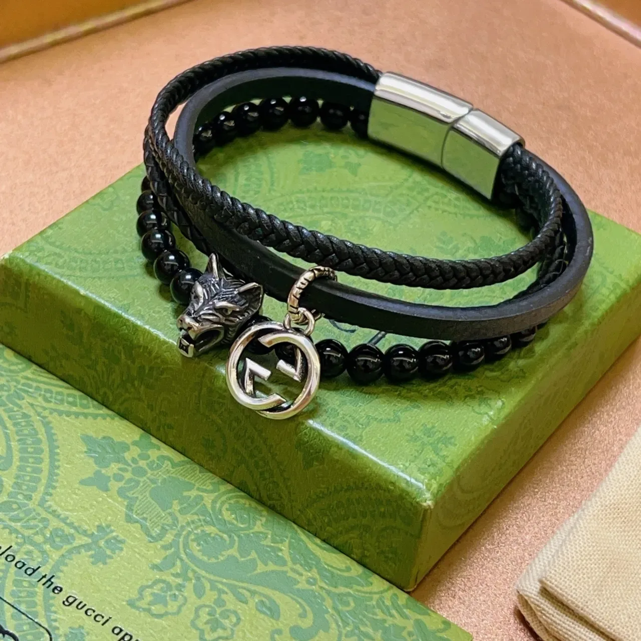 Gucci Multi-Layer Black Leather and Beaded Wolf Charm Bracelet 4