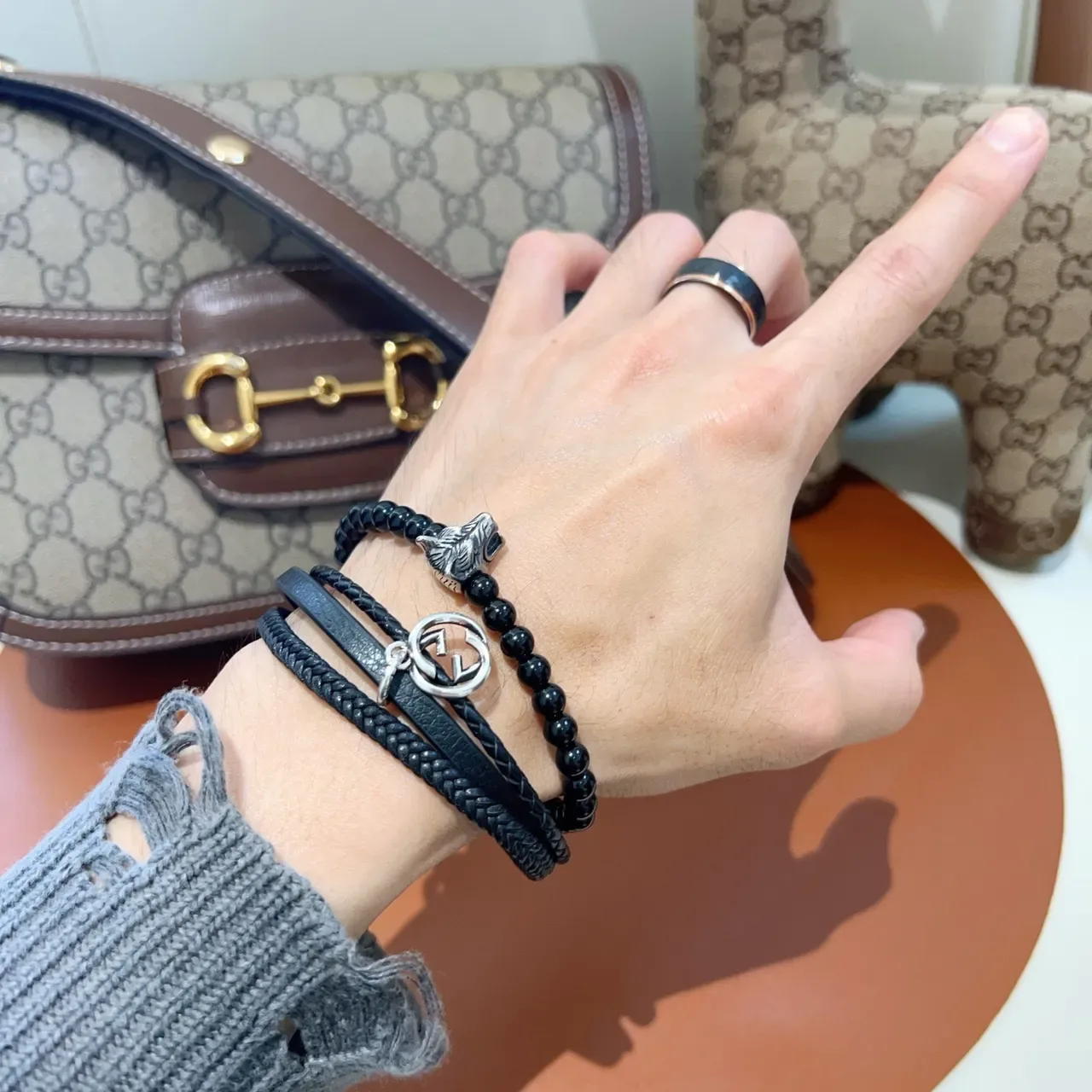 Gucci Multi-Layer Black Leather and Beaded Wolf Charm Bracelet 5