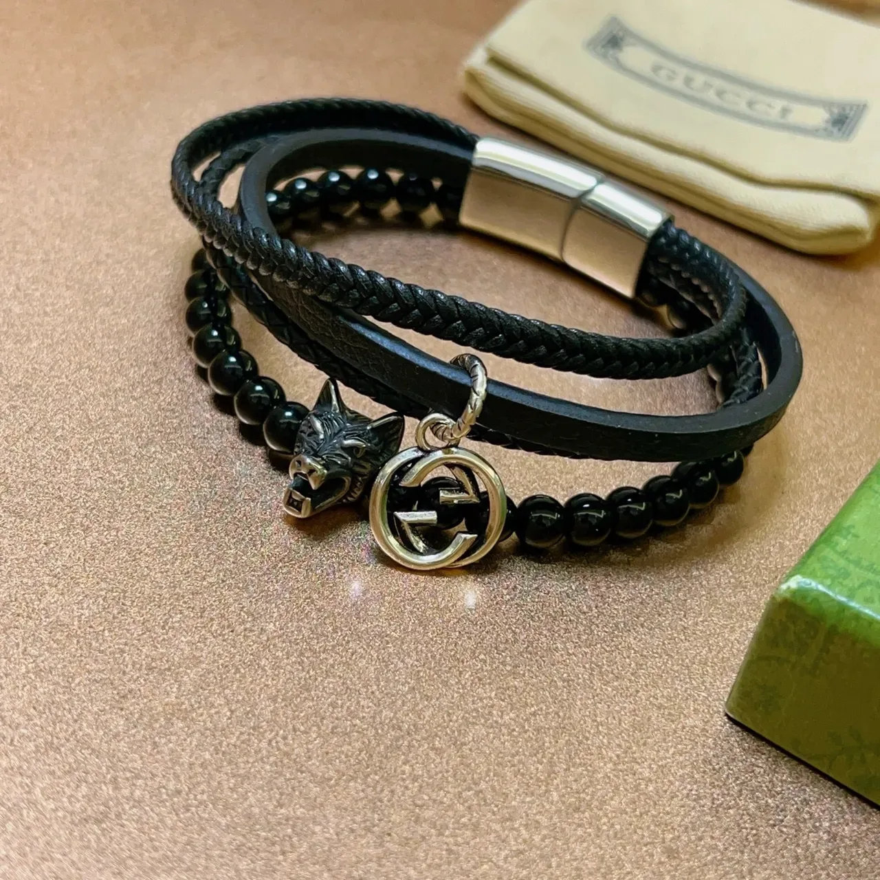 Gucci Multi-Layer Black Leather and Beaded Wolf Charm Bracelet 6