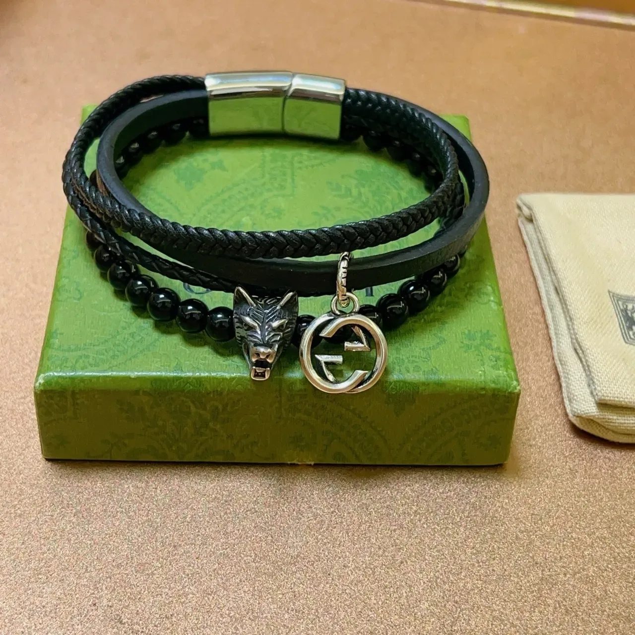 Gucci Multi-Layer Black Leather and Beaded Wolf Charm Bracelet 7