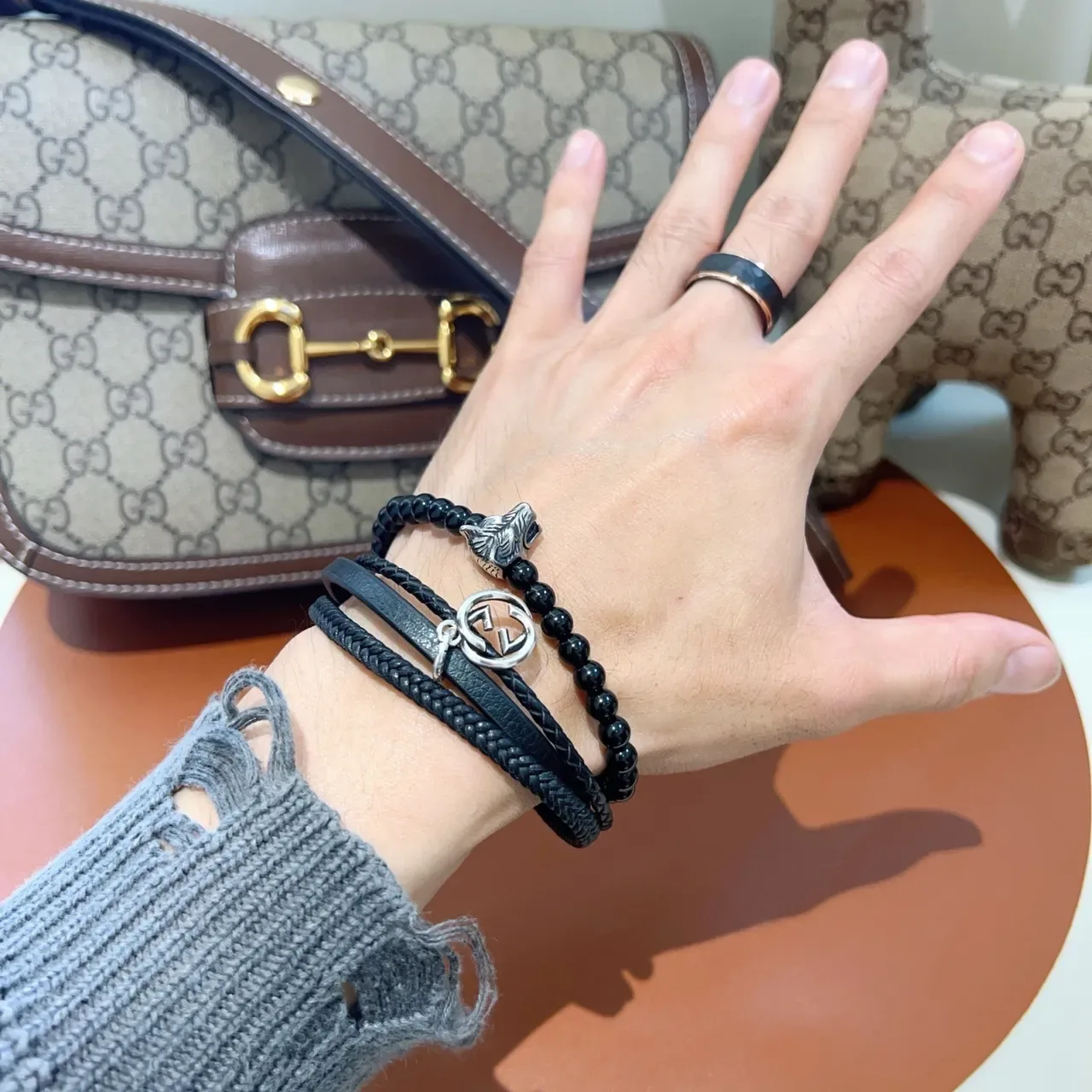 Gucci Multi-Layer Black Leather and Beaded Wolf Charm Bracelet 8