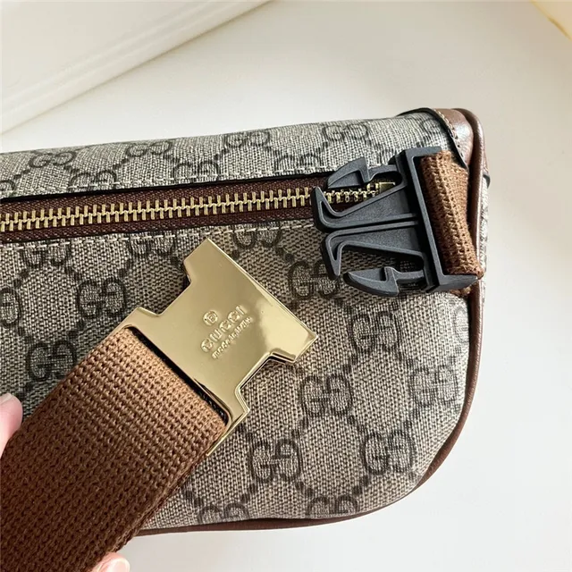 Gucci Ophidia Beige Brown GG Monogram Canvas Leather Trim Fashion Belt Bag 14