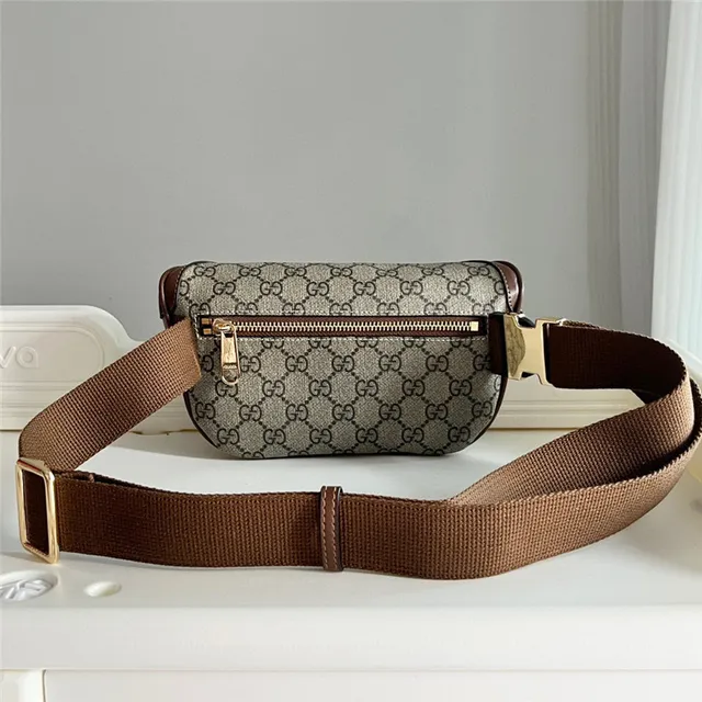 Gucci Ophidia Beige Brown GG Monogram Canvas Leather Trim Fashion Belt Bag 16