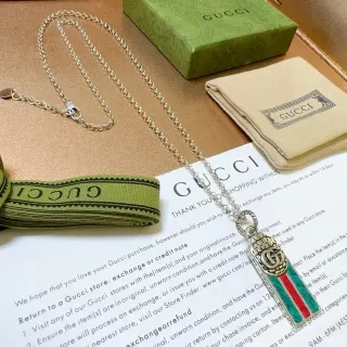 Gucci Ophidia Green Red Silver Chain Enamel Stripe Pendant Necklace