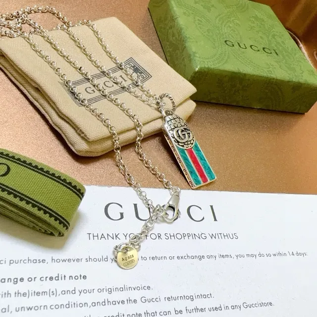 Gucci Ophidia Green Red Silver Chain Enamel Stripe Pendant Necklace 3