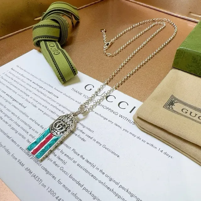 Gucci Ophidia Green Red Silver Chain Enamel Stripe Pendant Necklace 4