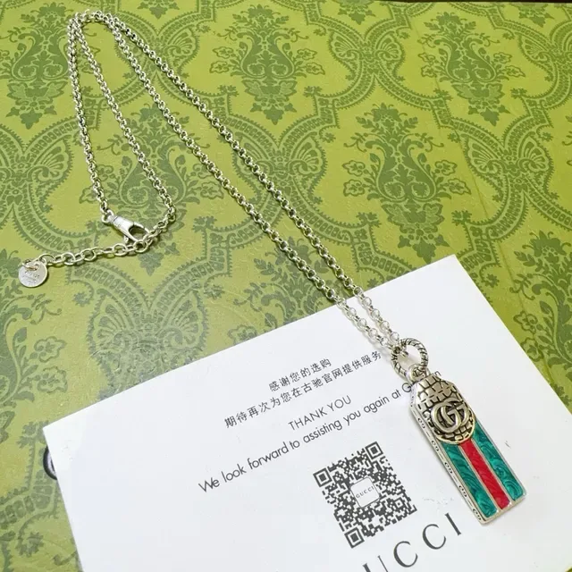 Gucci Ophidia Green Red Silver Chain Enamel Stripe Pendant Necklace 6