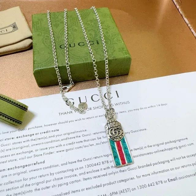 Gucci Ophidia Green Red Silver Chain Enamel Stripe Pendant Necklace 7