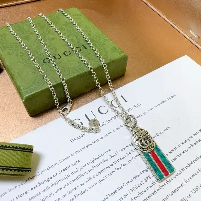 Gucci Ophidia Green Red Silver Chain Enamel Stripe Pendant Necklace 9