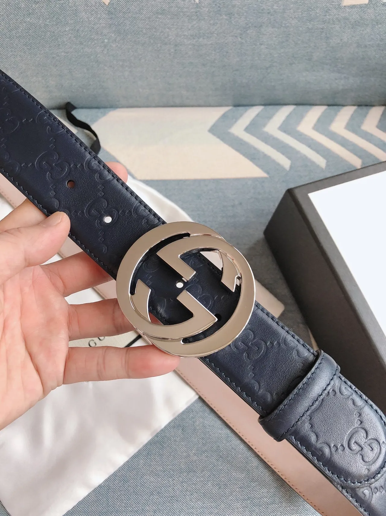 Gucci Ophidia Navy Blue Embossed GG Monogram Leather Belt 2