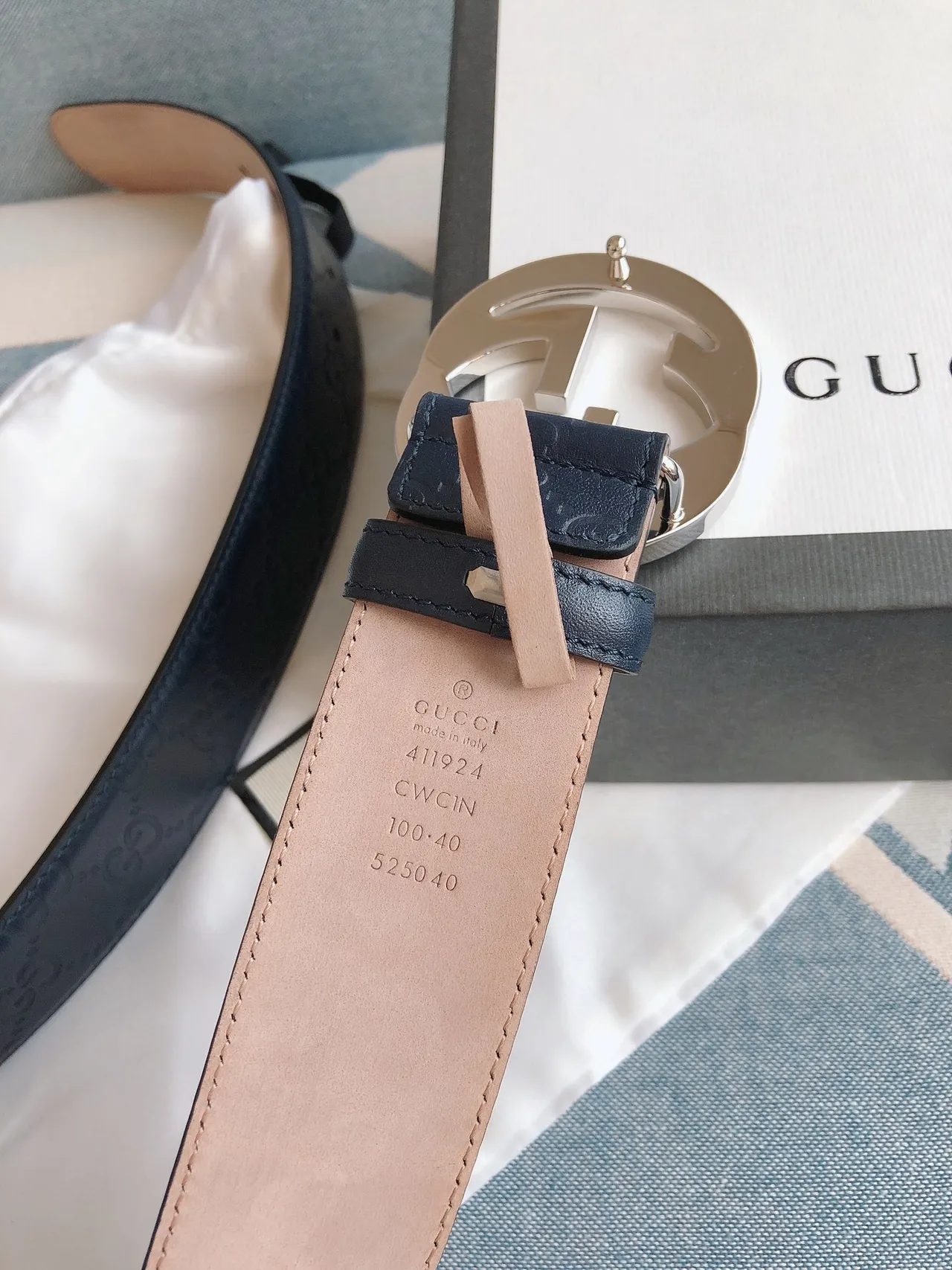 Gucci Ophidia Navy Blue Embossed GG Monogram Leather Belt 4