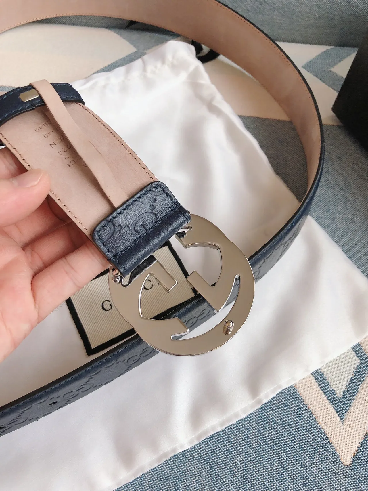 Gucci Ophidia Navy Blue Embossed GG Monogram Leather Belt 5