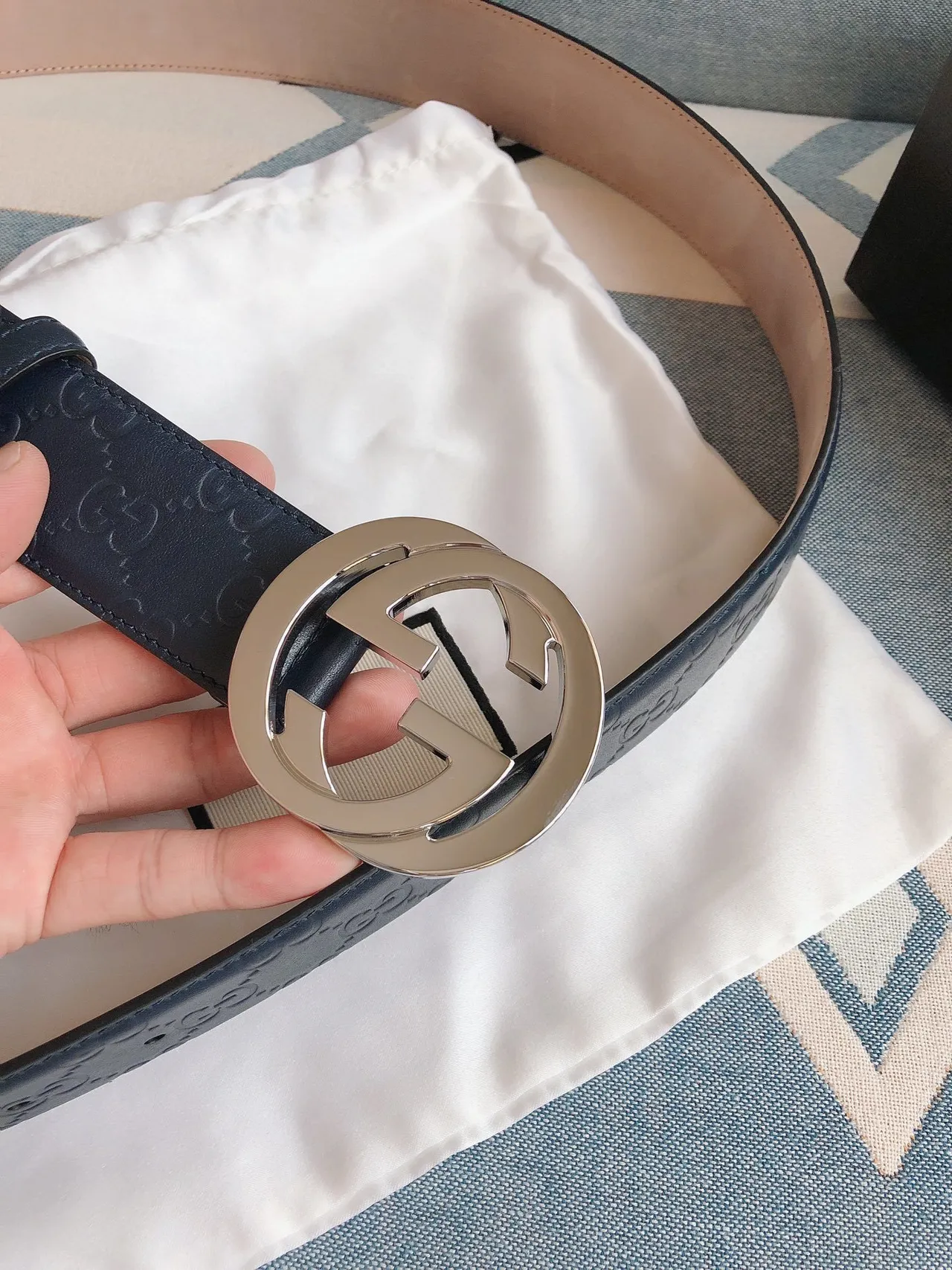 Gucci Ophidia Navy Blue Embossed GG Monogram Leather Belt 6