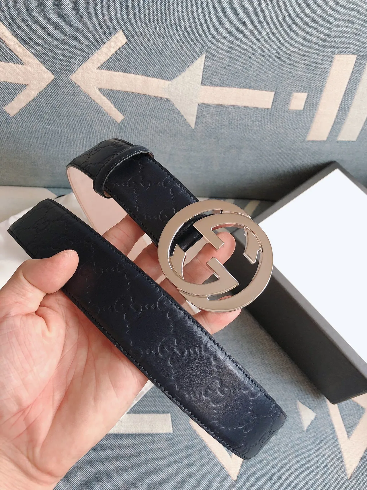 Gucci Ophidia Navy Blue Embossed GG Monogram Leather Belt 7