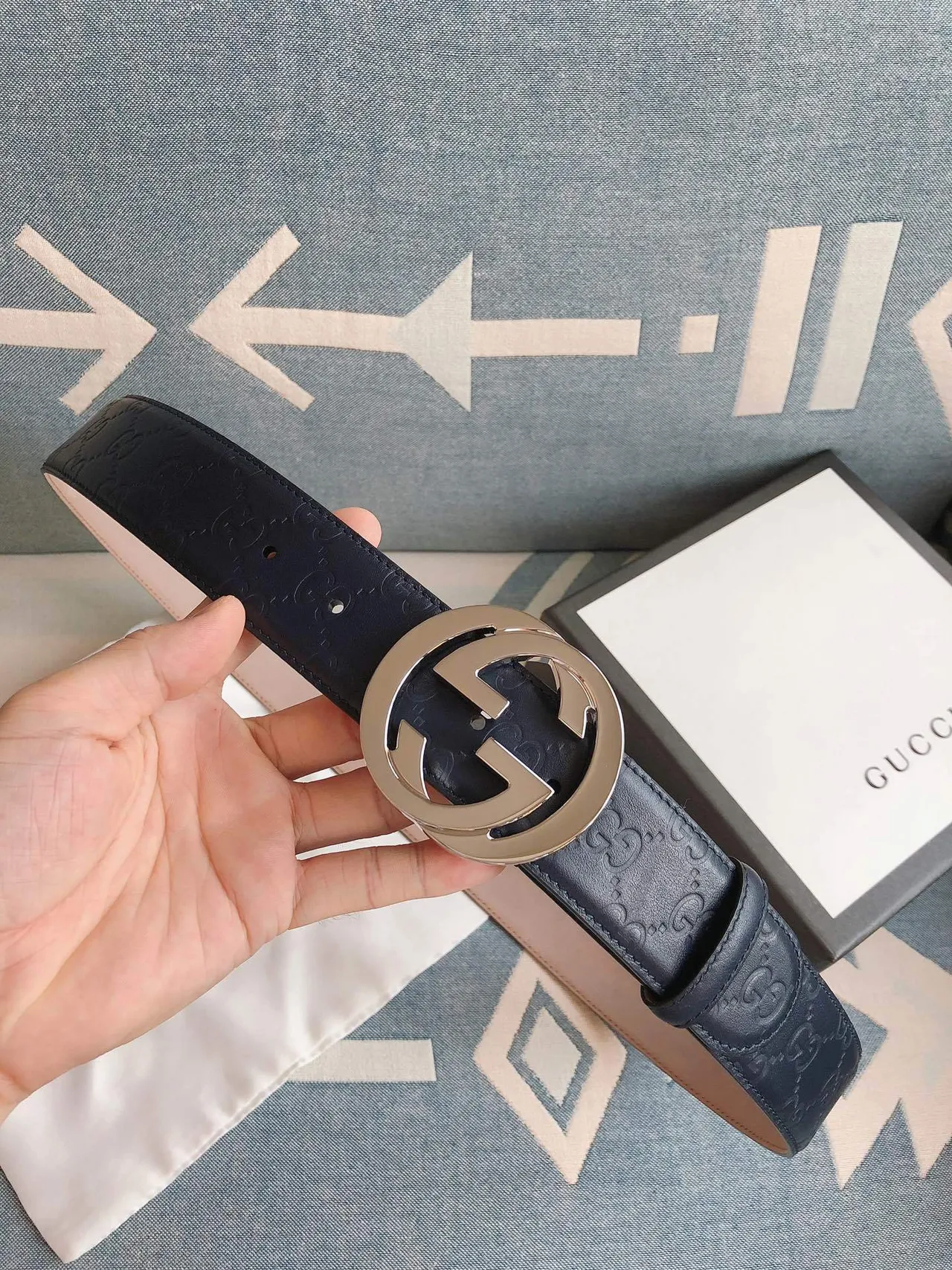 Gucci Ophidia Navy Blue Embossed GG Monogram Leather Belt 8