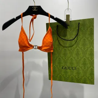Gucci Orange Monogram-Print Halter-Neck Swimwear