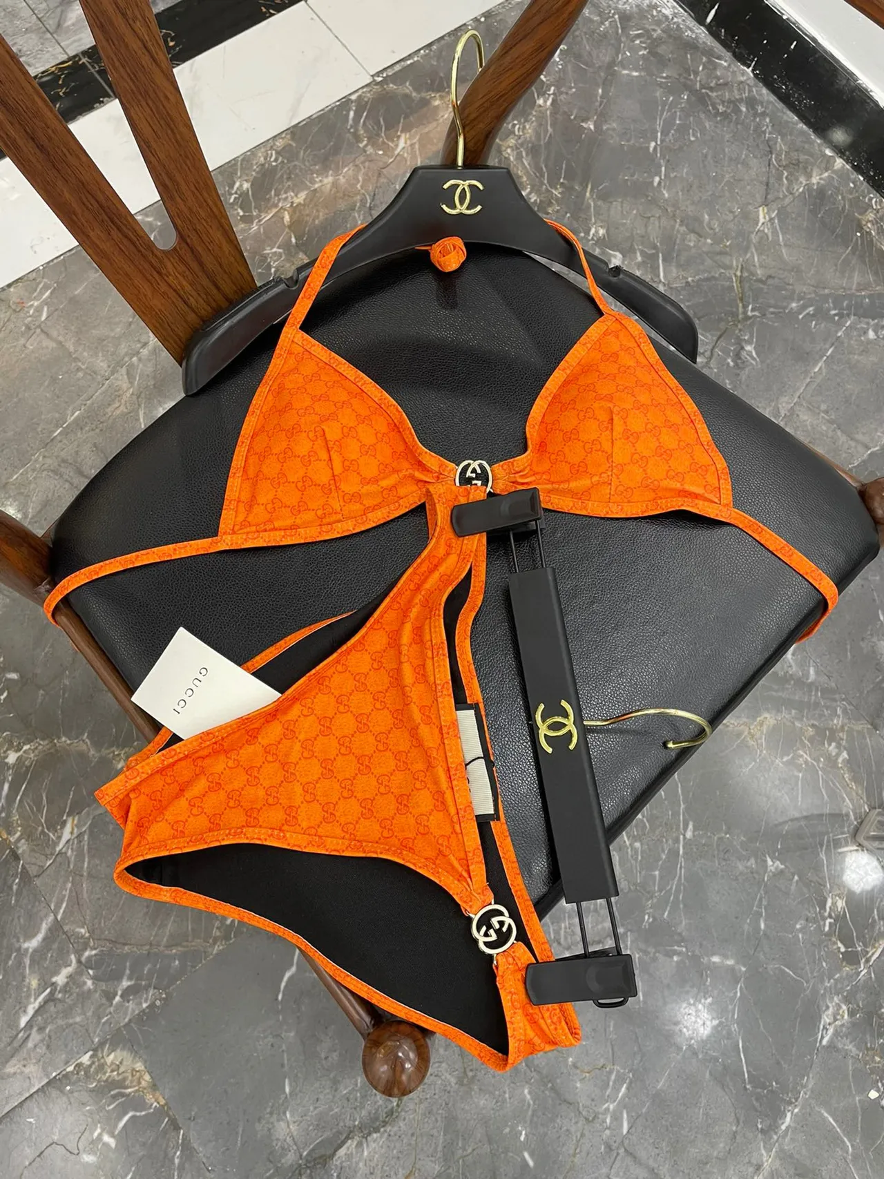Gucci Orange Monogram-Print Halter-Neck Swimwear 4