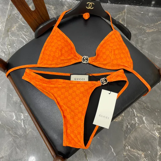 Gucci Orange Monogram-Print Halter-Neck Swimwear 5