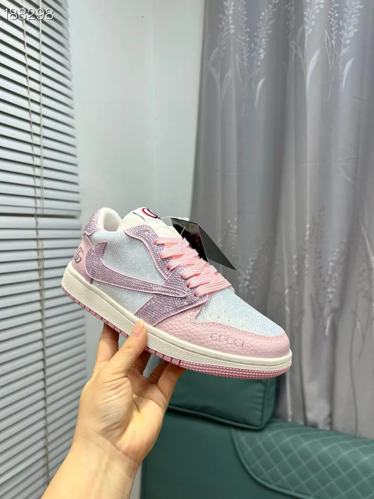 Gucci Pink Silver Crystal-Embellished Iridescent Mesh Lifestyle Sneakers 6