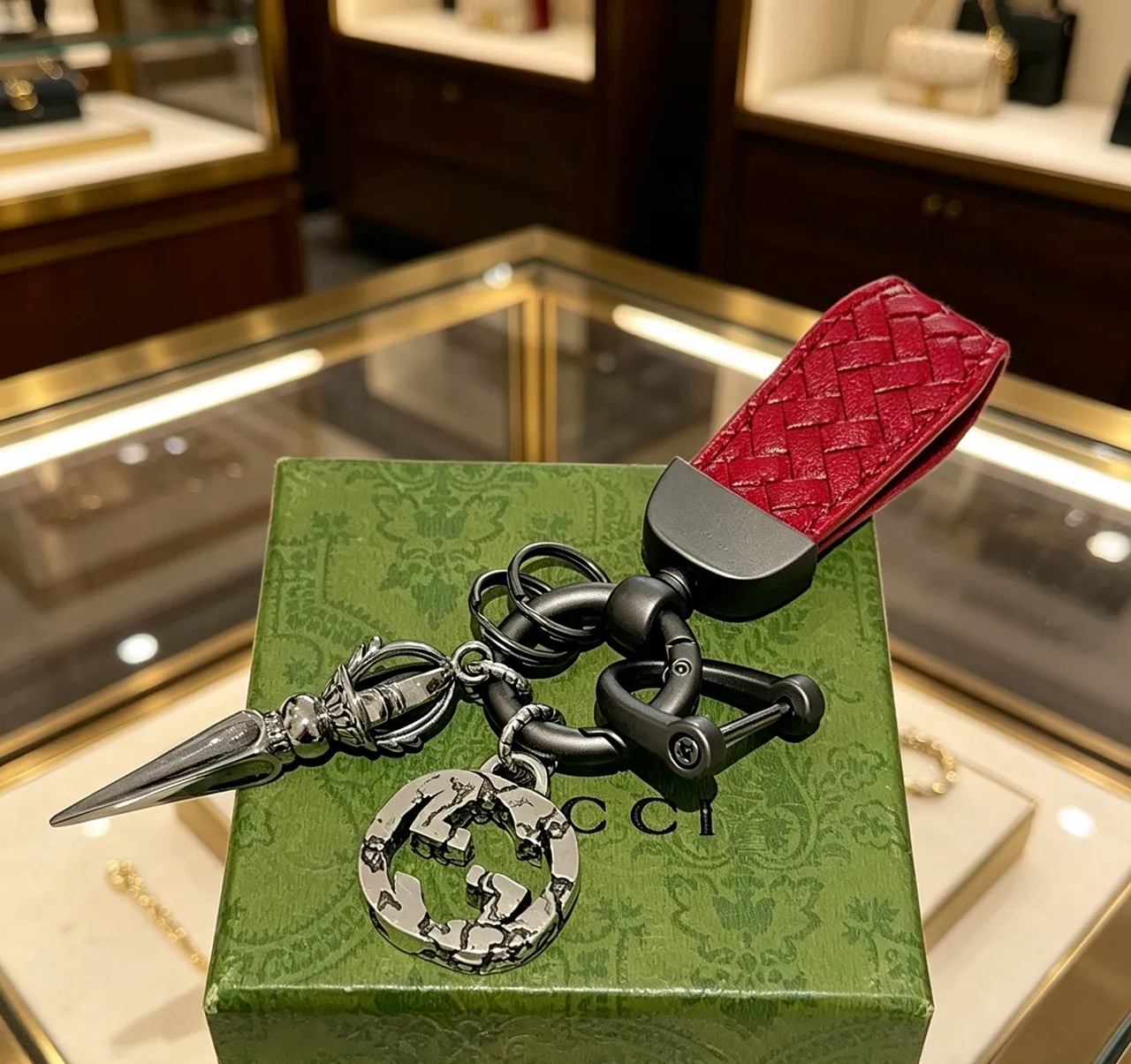 Gucci Red Silver Woven Leather Strap Distressed Charm Necklace 2