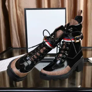 Gucci Rhyton Combat Boot Black and Brown GG Canvas Ankle Boots