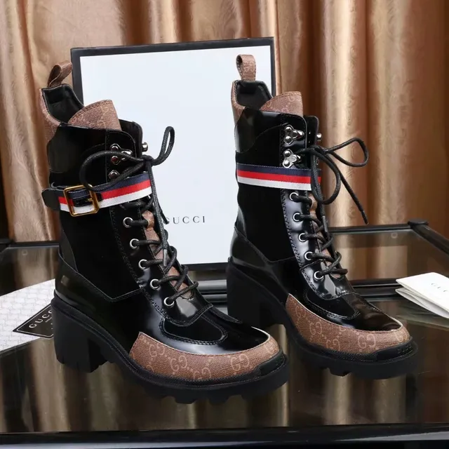 Gucci Rhyton Combat Boot Noir et Marron GG Canvas Bottes à la cheville 2