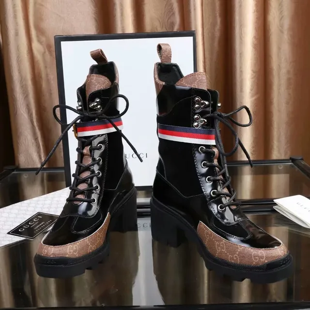 Gucci Rhyton Combat Boot Noir et Marron GG Canvas Bottes à la cheville 3