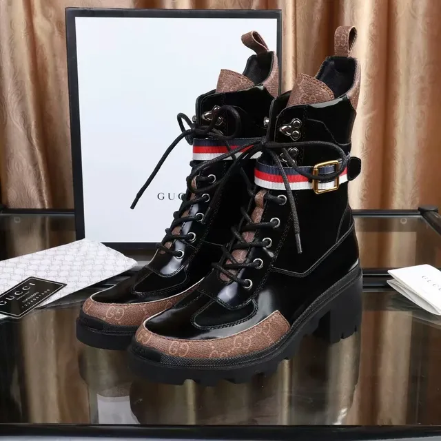Gucci Rhyton Combat Boot Noir et Marron GG Canvas Bottes à la cheville 4