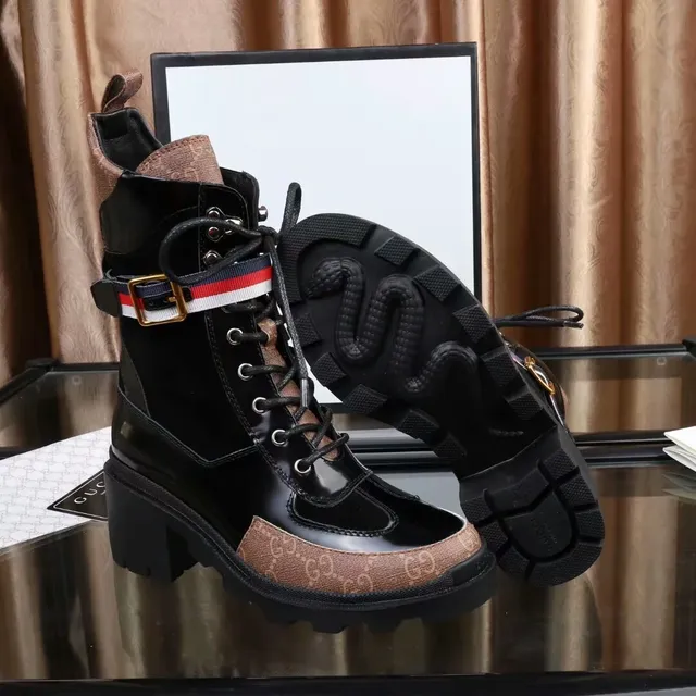 Gucci Rhyton Combat Boot Noir et Marron GG Canvas Bottes à la cheville 5