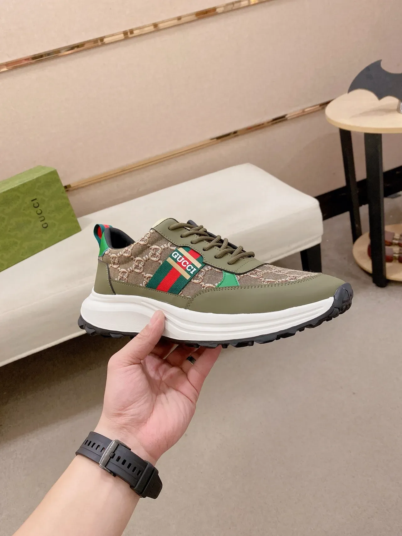 Gucci Rhyton Olive Green Monogram Canvas Chunky Sneakers 5