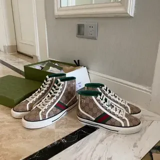 Gucci Screener Beige Monogram Canvas Green-Red Web High-Top Lifestyle Sneakers