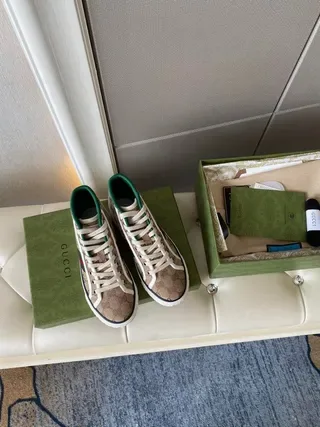 Gucci Screener Beige Monogram Canvas Green-Red Web High-Top Lifestyle Sneakers 2