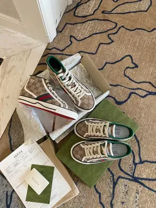 Gucci Screener Beige Monogram Canvas Green-Red Web High-Top Lifestyle Sneakers 3
