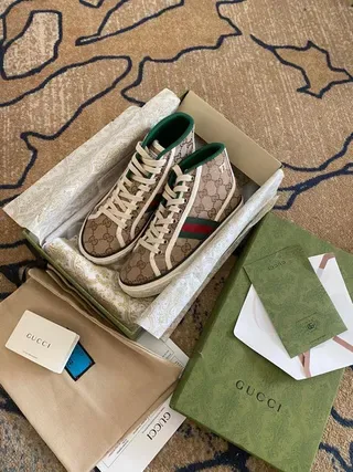 Gucci Screener Beige Monogram Canvas Green-Red Web High-Top Lifestyle Sneakers 4