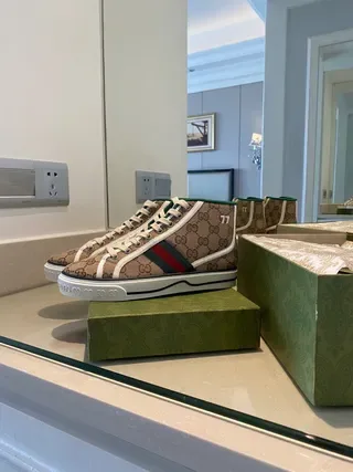 Gucci Screener Beige Monogram Canvas Green-Red Web High-Top Lifestyle Sneakers 5