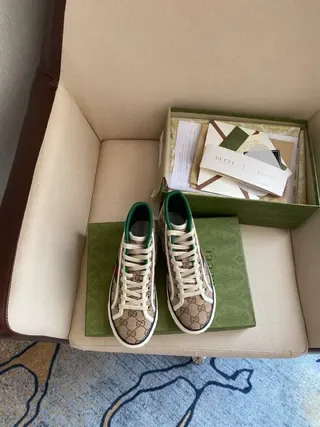 Gucci Screener Beige Monogram Canvas Green-Red Web High-Top Lifestyle Sneakers 7