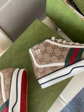 Gucci Screener Beige Monogram Canvas Green-Red Web High-Top Lifestyle Sneakers 9