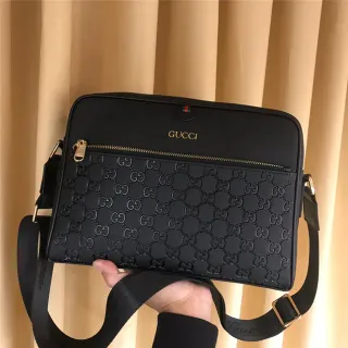 Gucci Screener Black Gold Embossed GG Monogram Front Zip Pocket Crossbody Bag