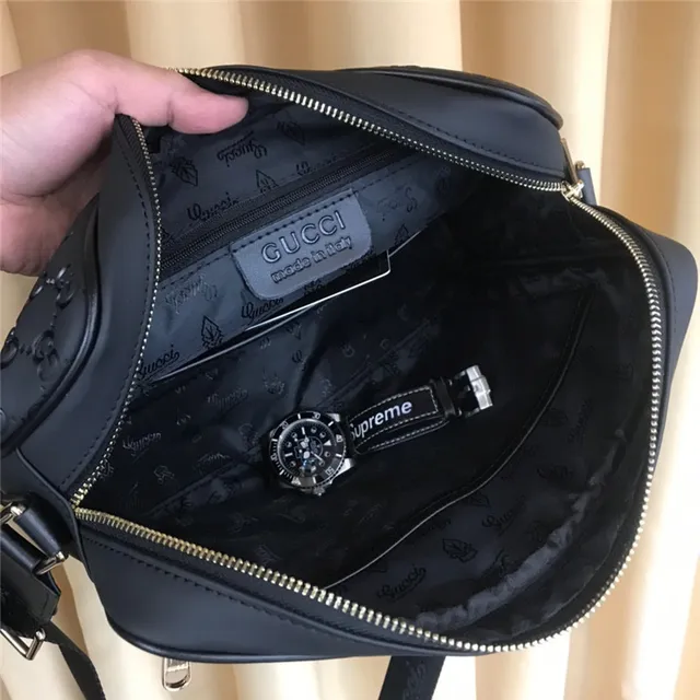 Gucci Screener Black Gold Embossed GG Monogram Front Zip Pocket Crossbody Bag 2
