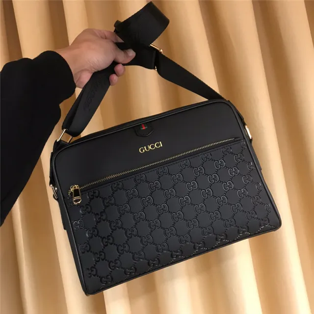 Gucci Screener Black Gold Embossed GG Monogram Front Zip Pocket Crossbody Bag 7